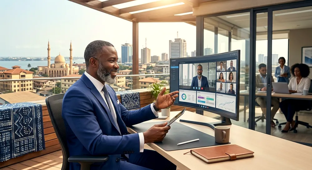 An EA Associates Ghana partner running a remote review call with a client finance team.