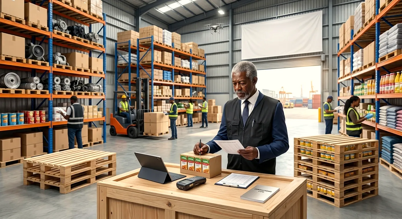An EA Associates Ghana auditor performing a physical inventory count in a client warehouse near Tema port.
